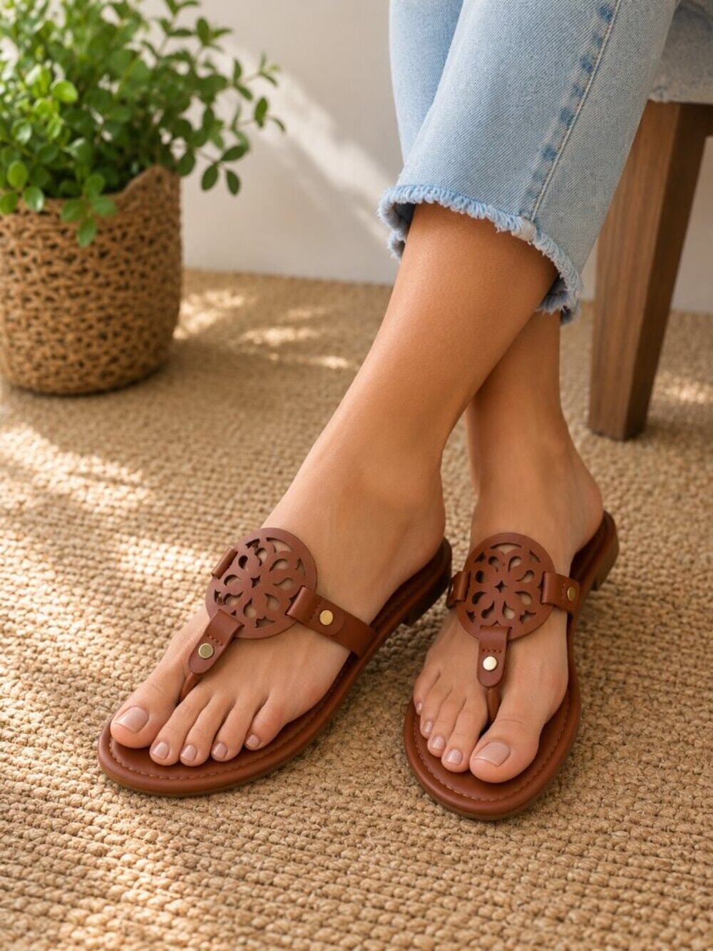 Brown Medallion Thong Sandals EU 38 US 7.5 8 Boho Summer Flat New